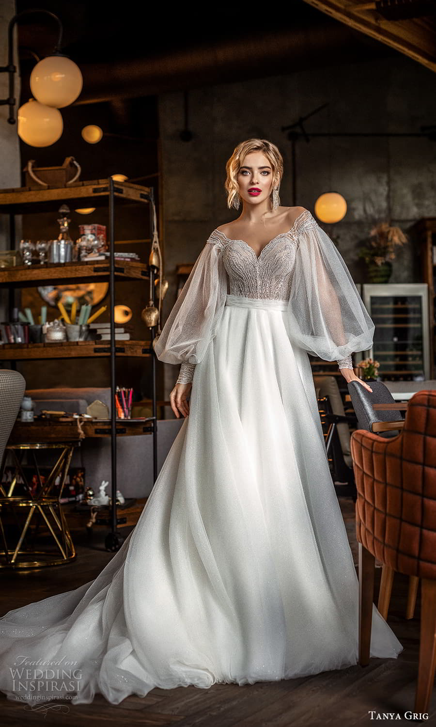 tanya grig 2022 bridal sheer billowy bishop sleeves off shoulder sweetheart necklne embellished bodice clean skirt a line ball gown wedding dress chapel train (5) mv