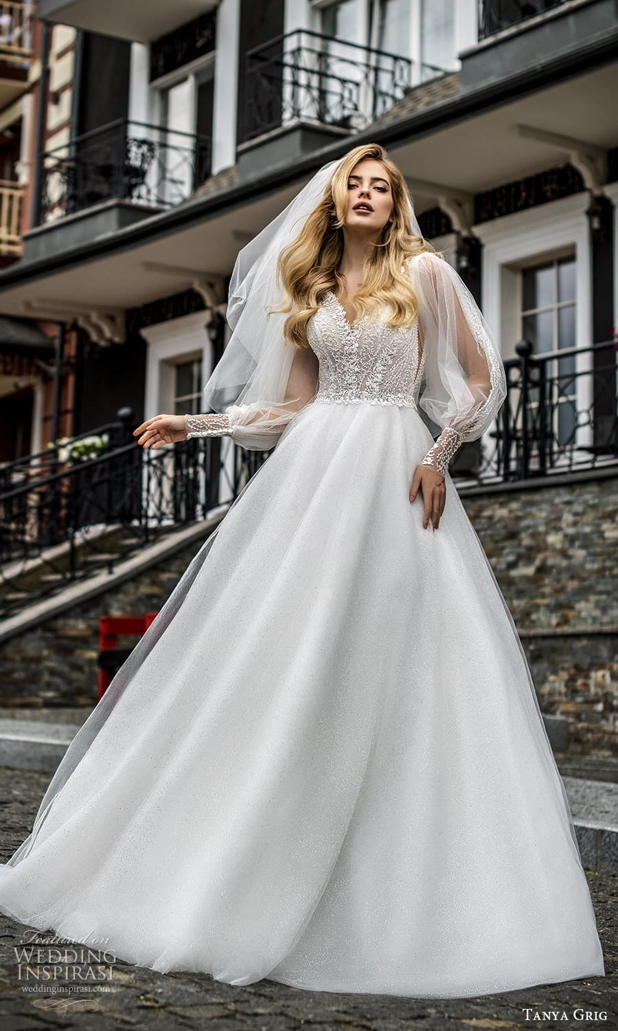 tanya grig 2022 bridal sheer bishop sleeve v neckline embellished bodice clean skirt a line wedding dress chapel train (21) mv