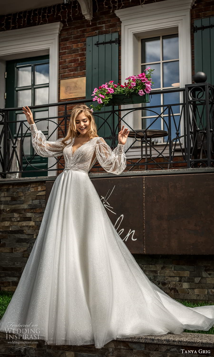 tanya grig 2022 bridal sheer bishop sleeve v neckline embellished bodice clean skirt a line wedding dress chapel train (22) mv