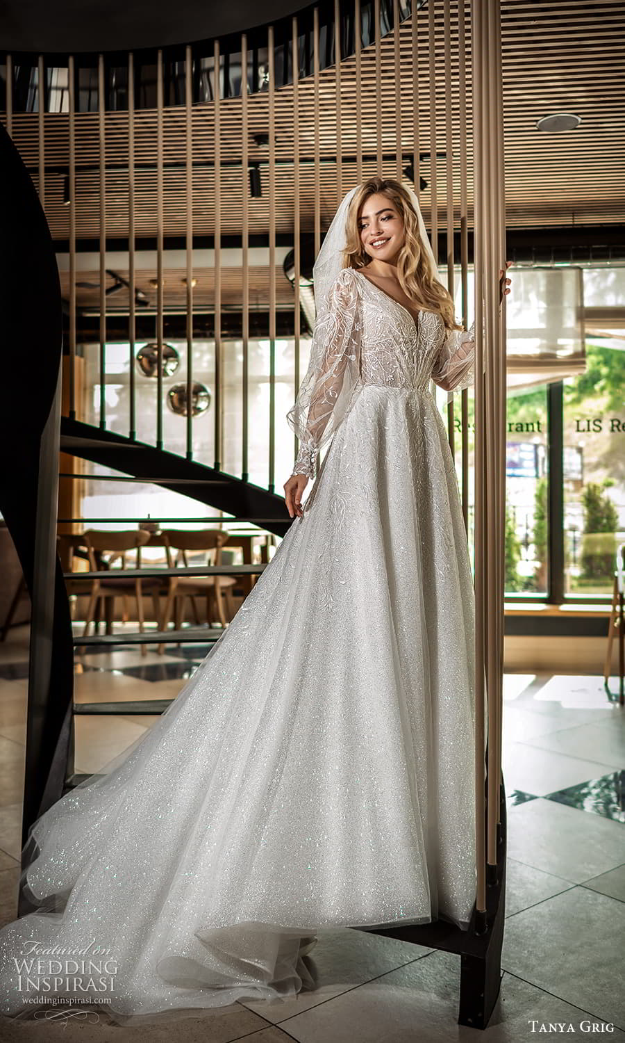 tanya grig 2022 bridal sheer bishop sleeve v neckline fully embellished lace a line ball gown wedding dress chapel train (11) mv