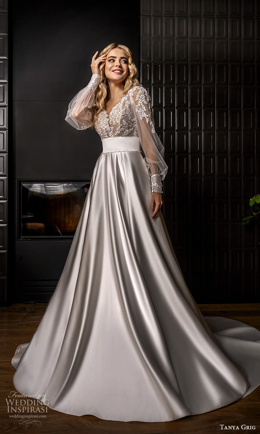tanya grig 2022 bridal sheer bishop sleeves v neckline embellished bodice clean skirt cummerband a line wedding dress chapel train (17) mv