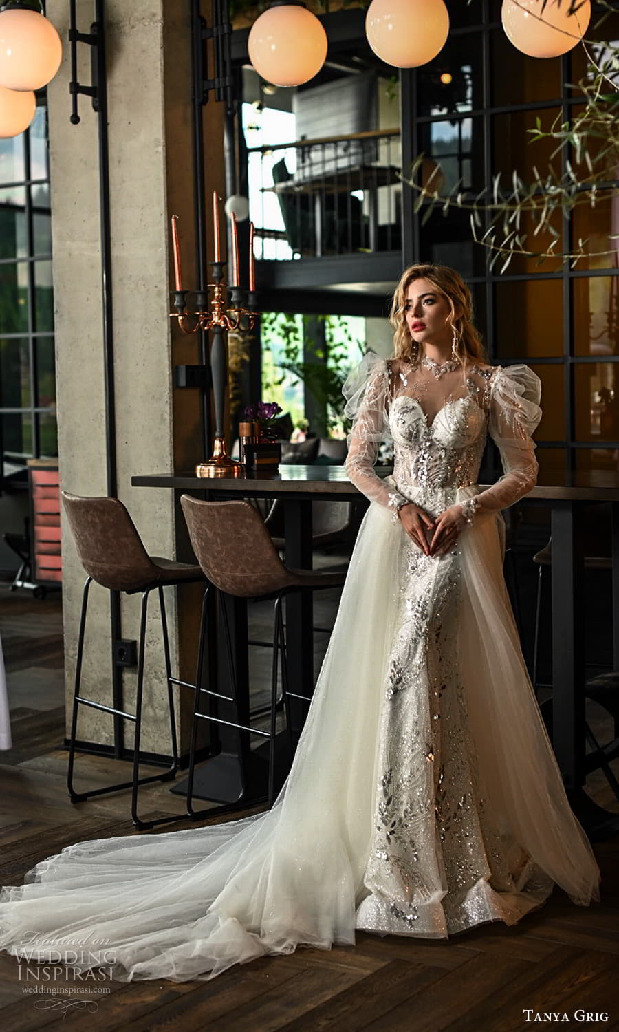 tanya grig 2022 bridal sheer puff sleeve illusion high neck sweetheart neckline fully embellished sheat wdding dress a line overskirt chapel train (3) mv tanya grig 2022 bridal sheer puff sleeve illusion high neck sweetheart neckline fully embellished sheat wdding dress a line overskirt chapel train (3) mv