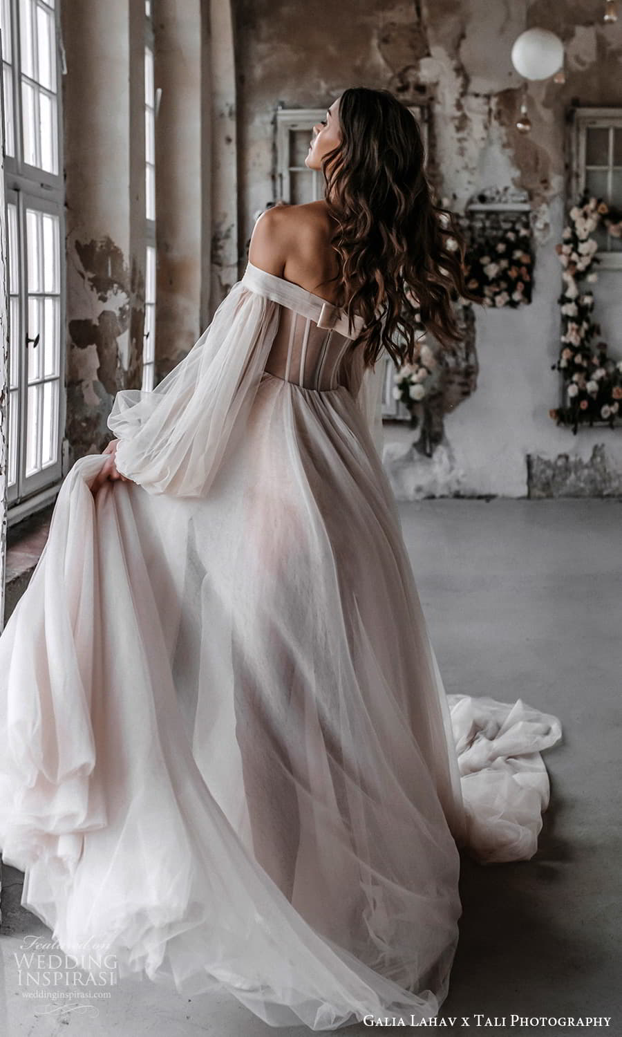 gala galia lahav 2022 capsule bridal long balloon sleeve off shoulder sweetheart neckline clean minimalist a line ball gown wedding dress chapel train blush (4) bv