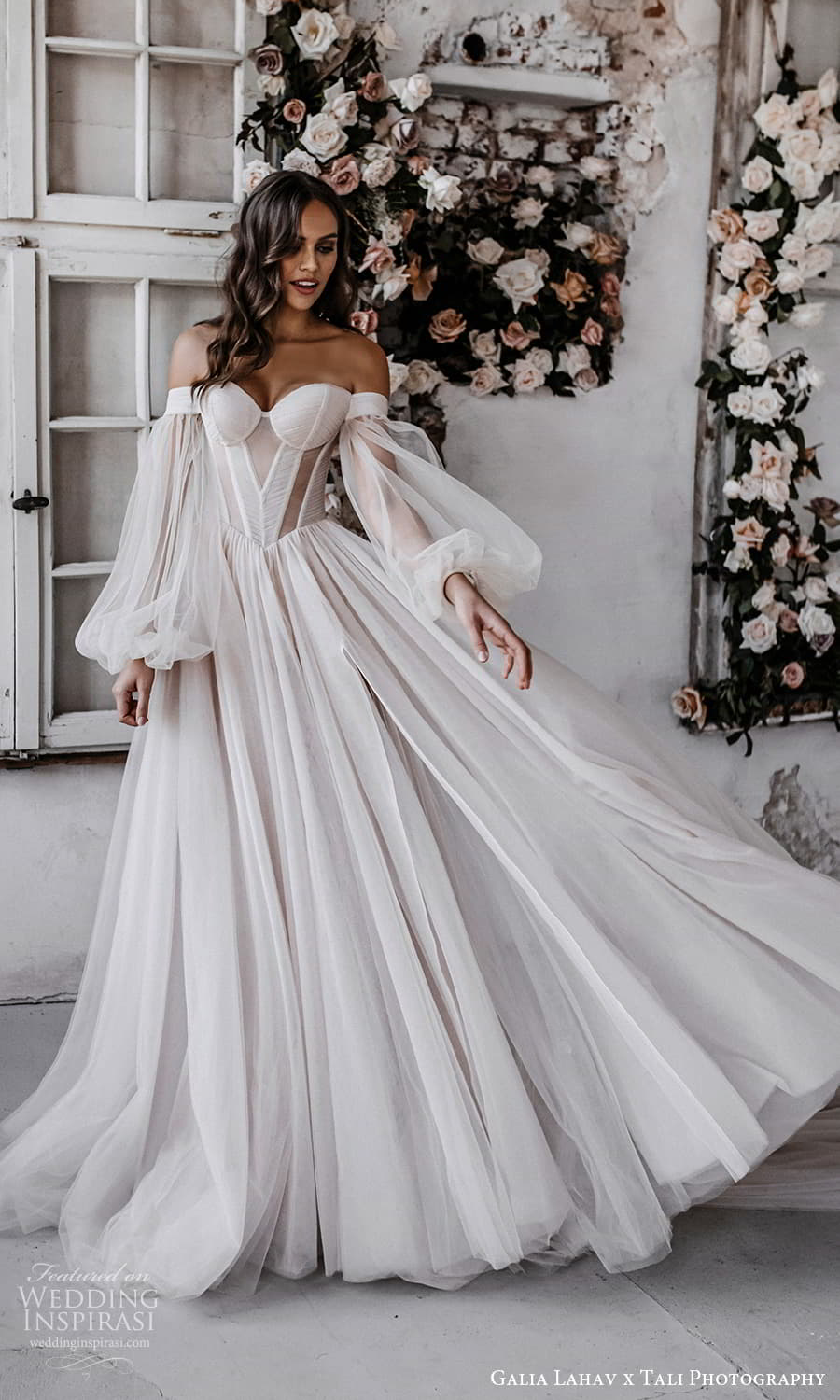 gala galia lahav 2022 capsule bridal long balloon sleeve off shoulder sweetheart neckline clean minimalist a line ball gown wedding dress chapel train blush (4) fv