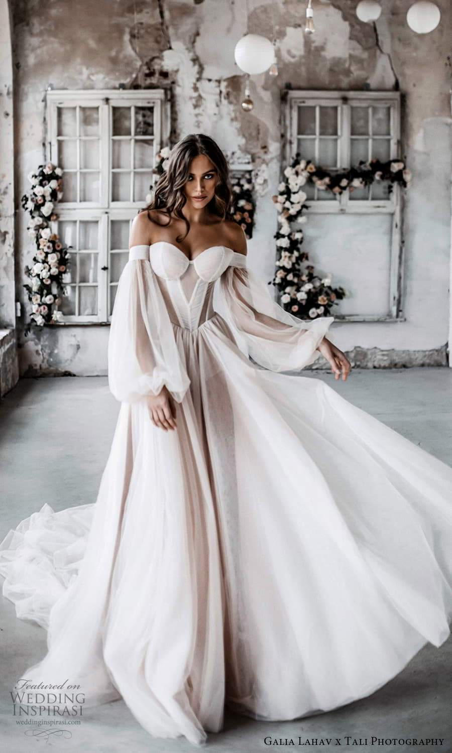 gala galia lahav 2022 capsule bridal long balloon sleeve off shoulder sweetheart neckline clean minimalist a line ball gown wedding dress chapel train blush (4) mv