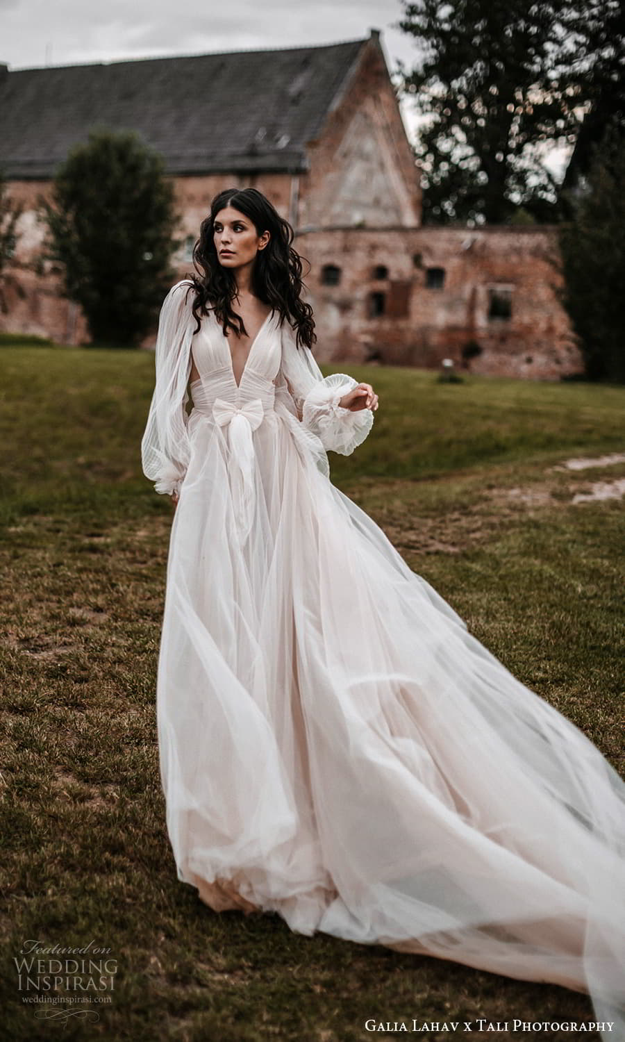 gala galia lahav 2022 capsule bridal long sheer bishop puff sleeves plunging v neckline pleated bodice a line wedding dress sheer skirt blush chapel train (2) fv