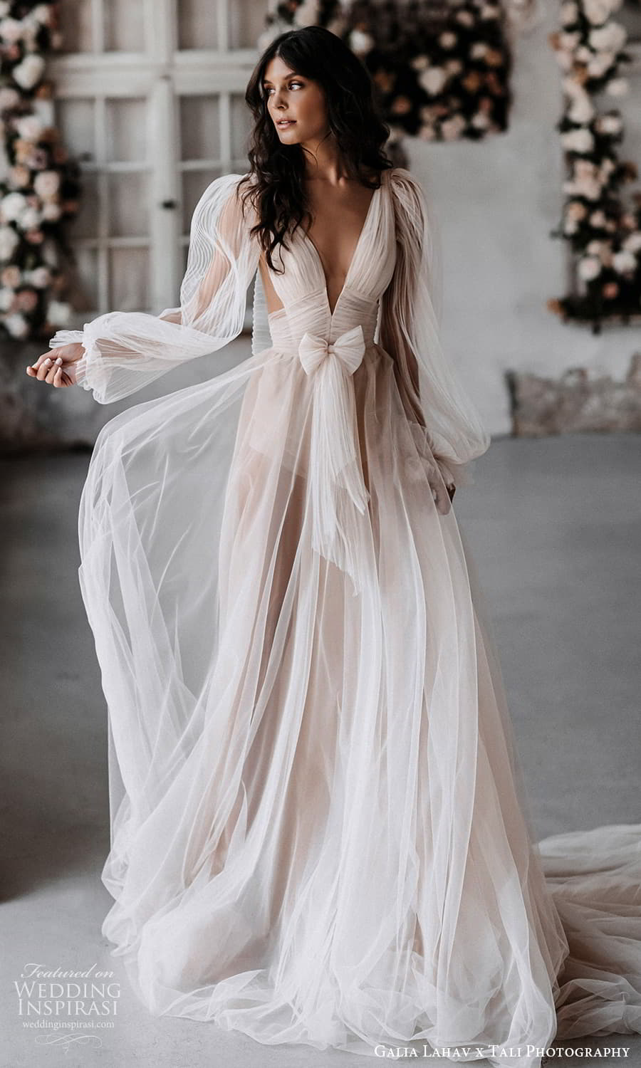 gala galia lahav 2022 capsule bridal long sheer bishop puff sleeves plunging v neckline pleated bodice a line wedding dress sheer skirt blush chapel train (2) mv