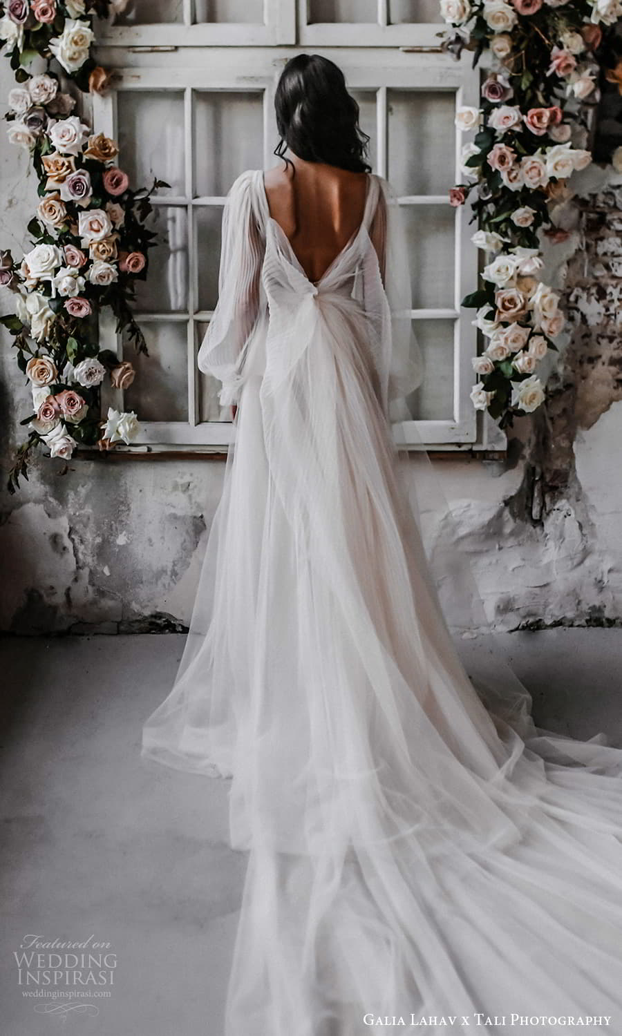 gala galia lahav 2022 capsule bridal long sheer bishop puff sleeves plunging v neckline pleated bodice a line wedding dress sheer skirt blush chapel train v back (2) bv