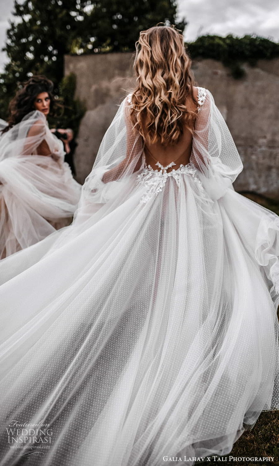 gala galia lahav 2022 capsule bridal sheer long bishop sleeve plunging v neckline dotted tulle a line wedding dress chapel train (3) bv gala galia lahav 2022 capsule bridal sheer long bishop sleeve plunging v neckline dotted tulle a line wedding dress chapel train (3) bv