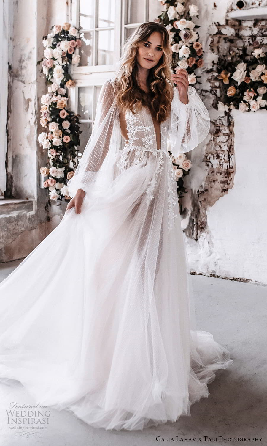 gala galia lahav 2022 capsule bridal sheer long bishop sleeve plunging v neckline dotted tulle a line wedding dress chapel train (3) mv gala galia lahav 2022 capsule bridal sheer long bishop sleeve plunging v neckline dotted tulle a line wedding dress chapel train (3) mv
