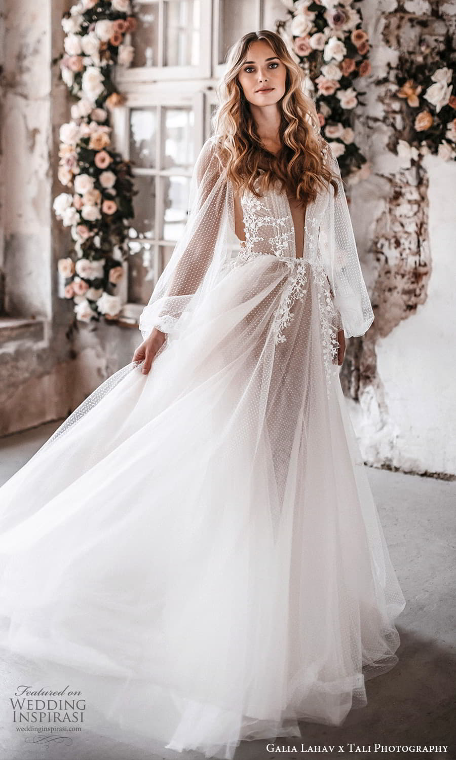gala galia lahav 2022 capsule bridal sheer long bishop sleeve plunging v neckline dotted tulle a line wedding dress chapel train (3) mv gala galia lahav 2022 capsule bridal sheer long bishop sleeve plunging v neckline dotted tulle a line wedding dress chapel train (3) mv