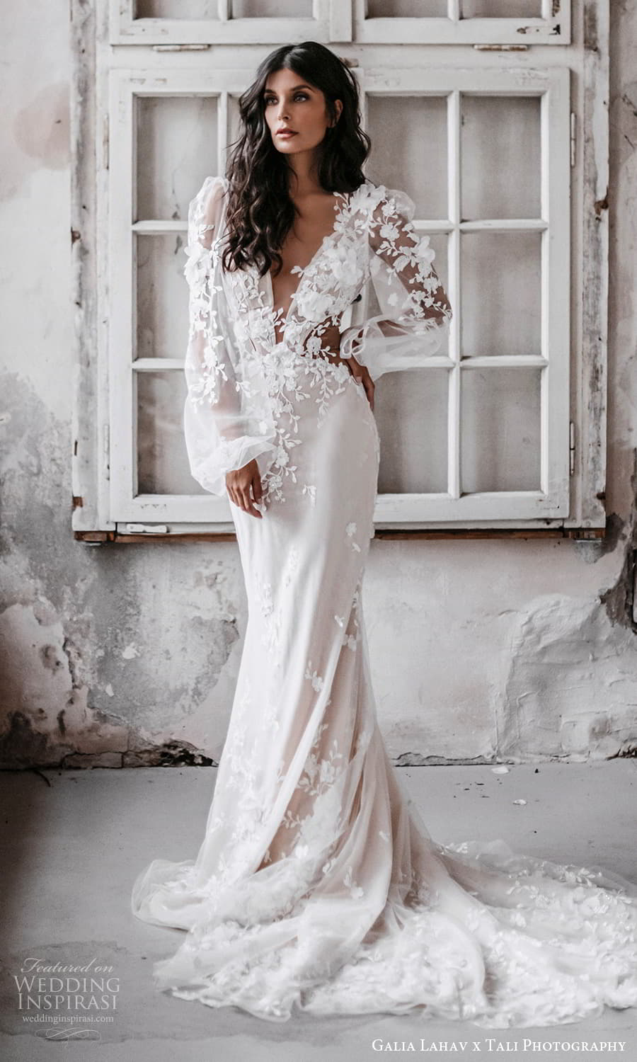 gala galia lahav 2022 capsule bridal sheer long bishop sleeves plunging v neckline embellished bodice sheath wedding dress chapel train (1) mv