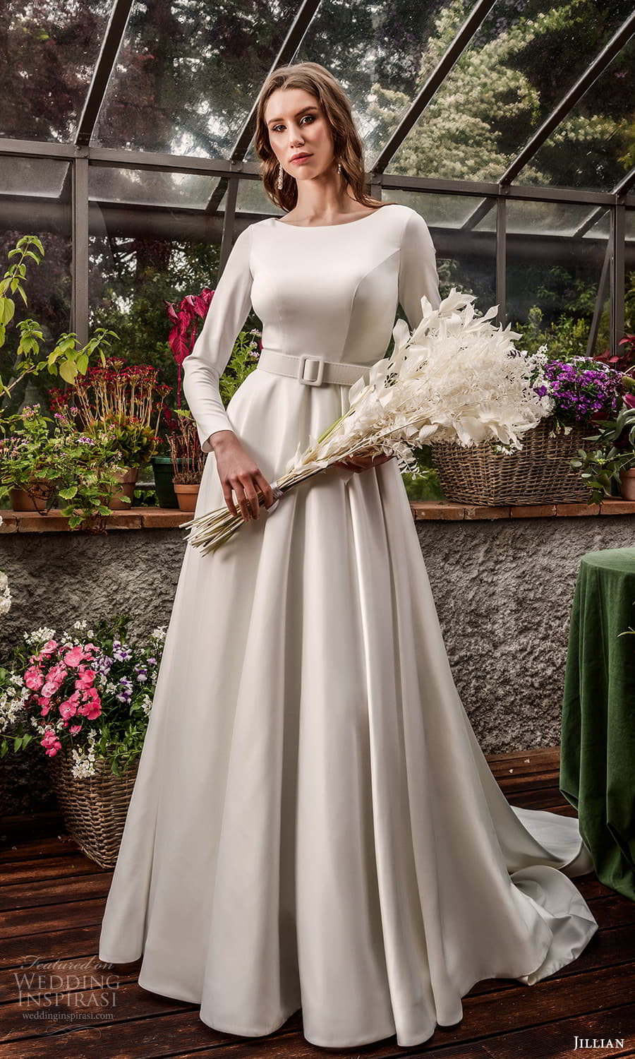 jillian 2022 bridal long sleeve bateau neckline clean minimalist a line wedding dress chapel train (16) mv