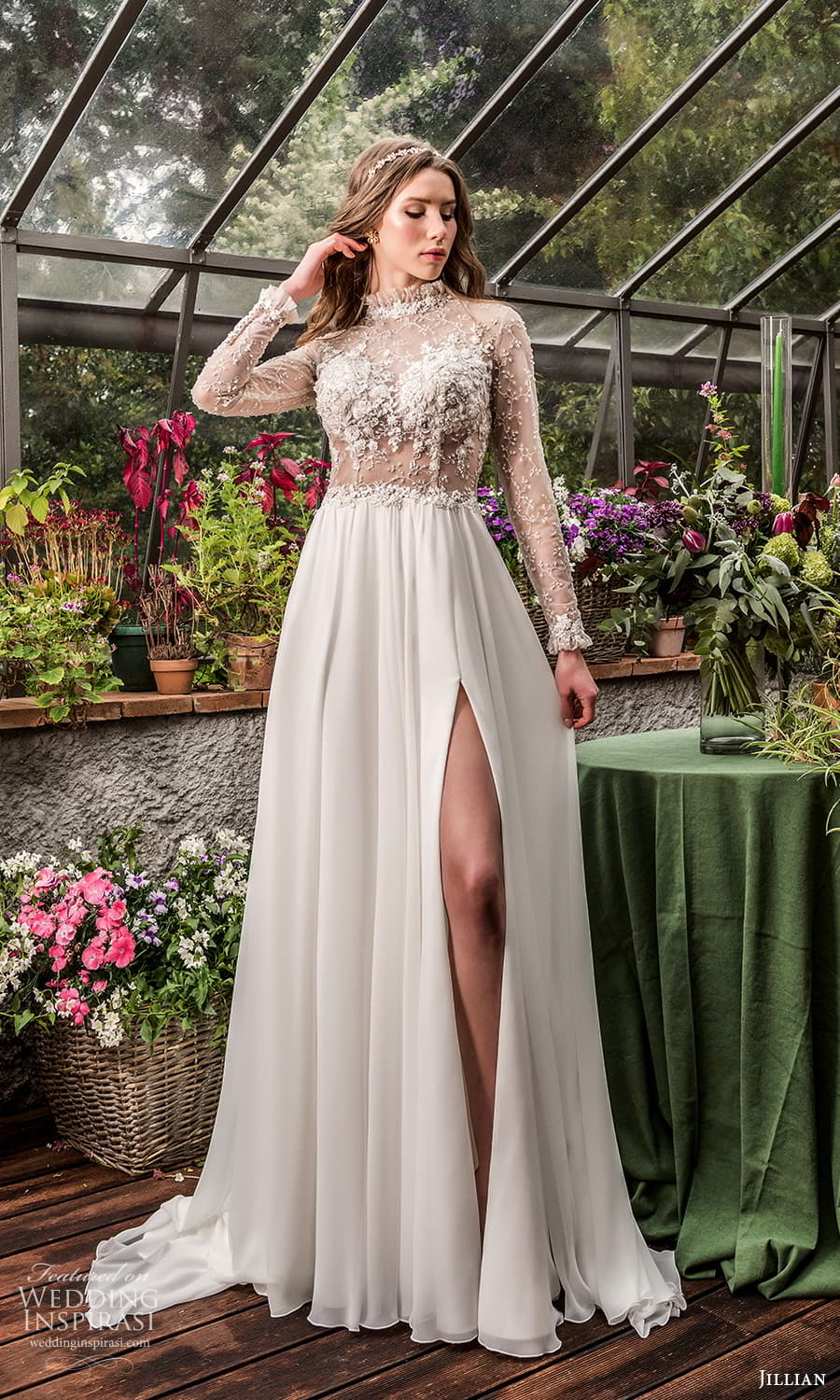 jillian 2022 bridal sheer long sleeve high neckline sheer embellished bodice a line wedding dress chapel train (14) mv