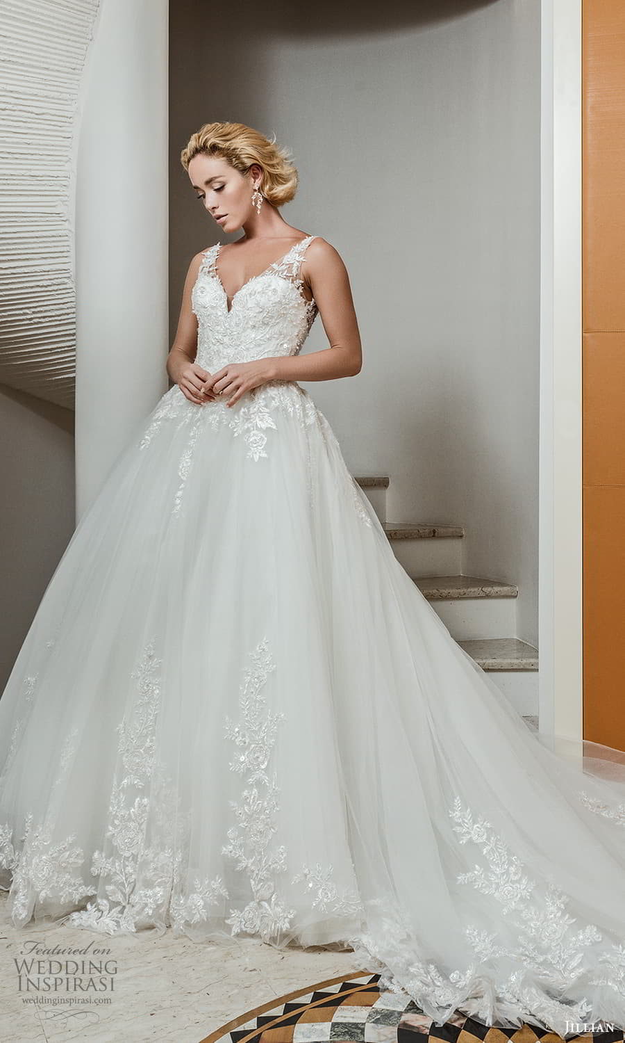 jillian 2022 bridal sleeveless straps v neckline embellished bodice a line ball gown wedding dress chapel train (4) mv