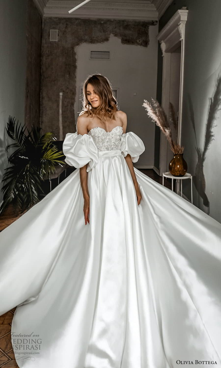 olivia bottega 2022 capsule bridal detached puff sleeve strapless sweetheart neckline embellished bodice clean skirt a line wedding dress chapel train (6) fv