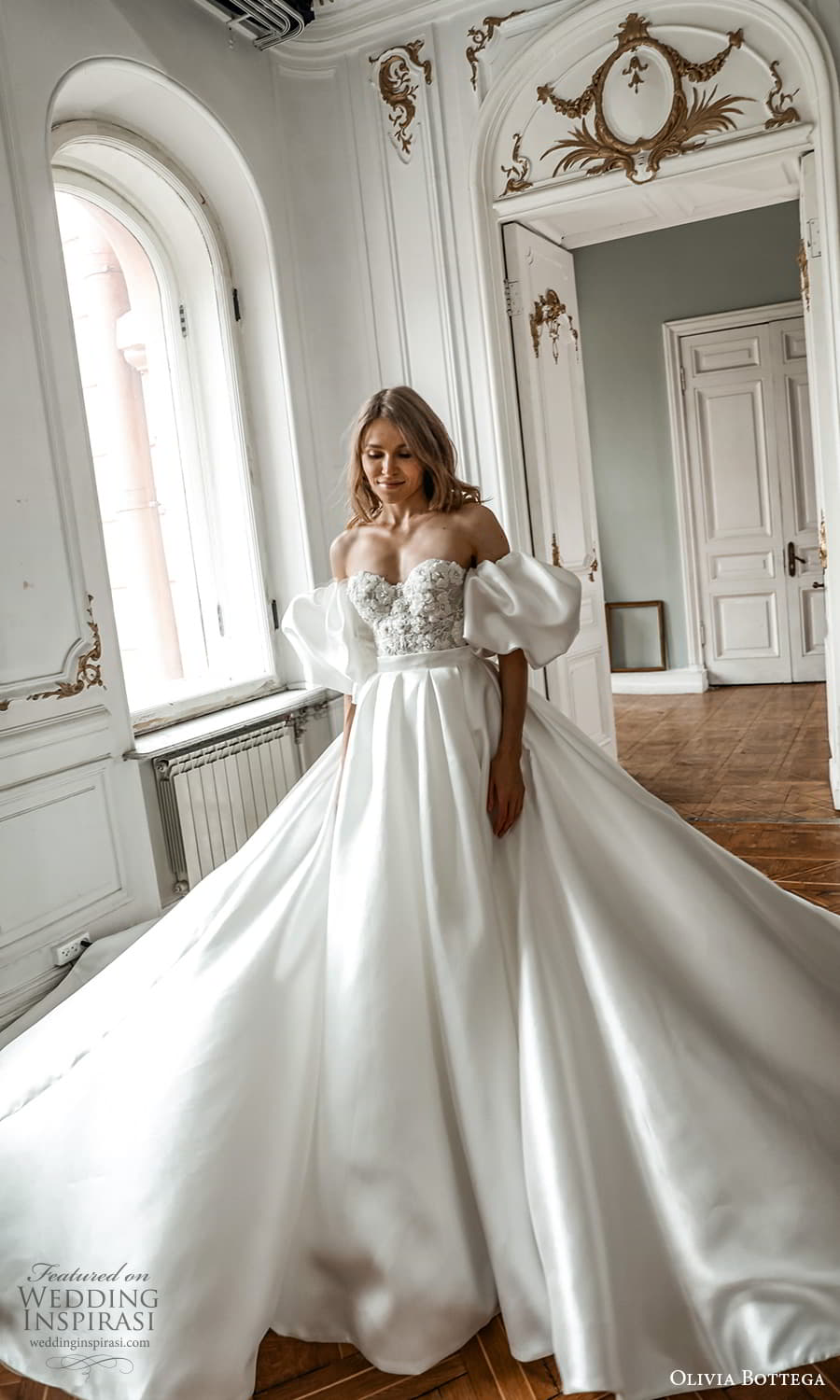 olivia bottega 2022 capsule bridal detached puff sleeve strapless sweetheart neckline embellished bodice clean skirt a line wedding dress chapel train (6) mv