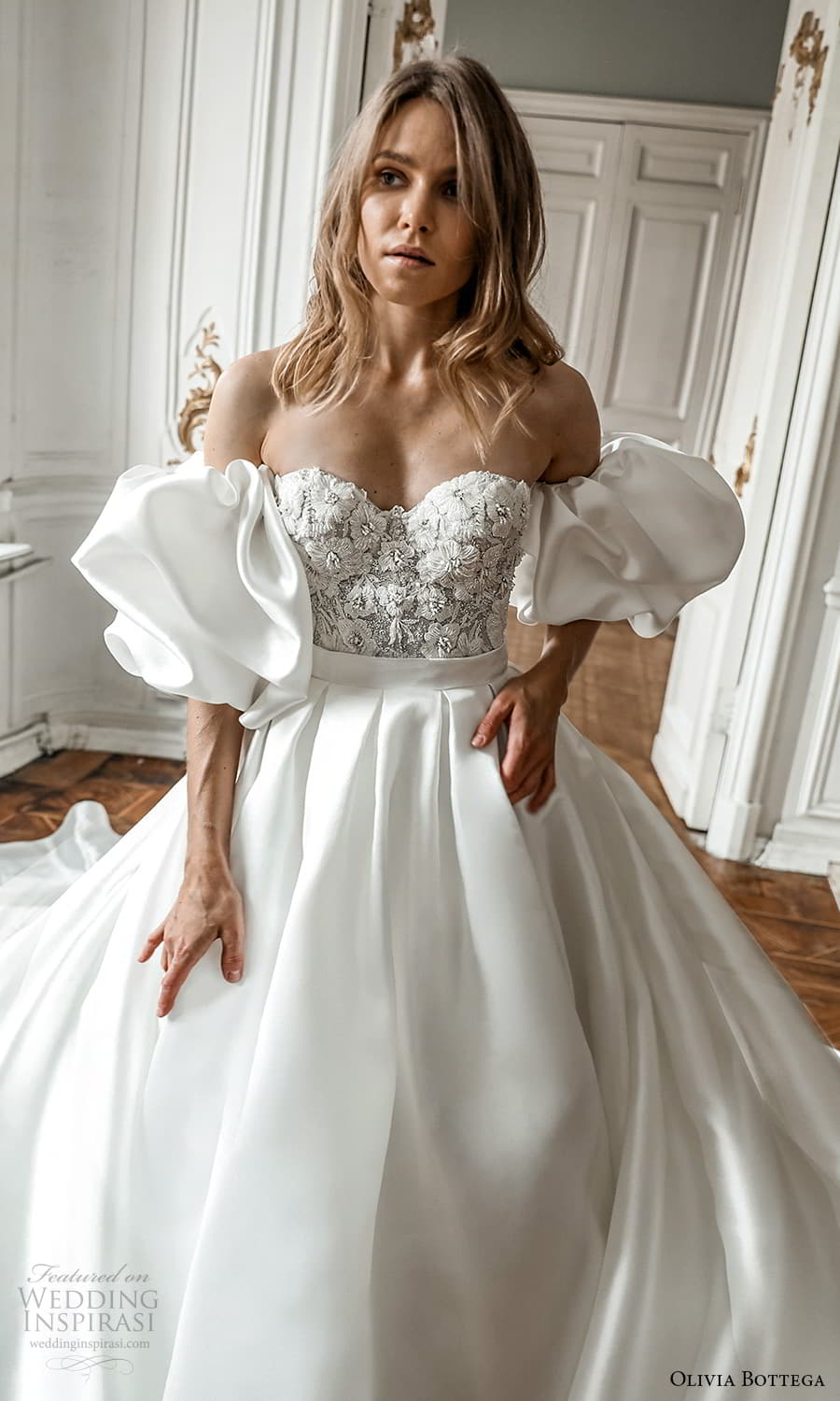 olivia bottega 2022 capsule bridal detached puff sleeve strapless sweetheart neckline embellished bodice clean skirt a line wedding dress chapel train (6) zv