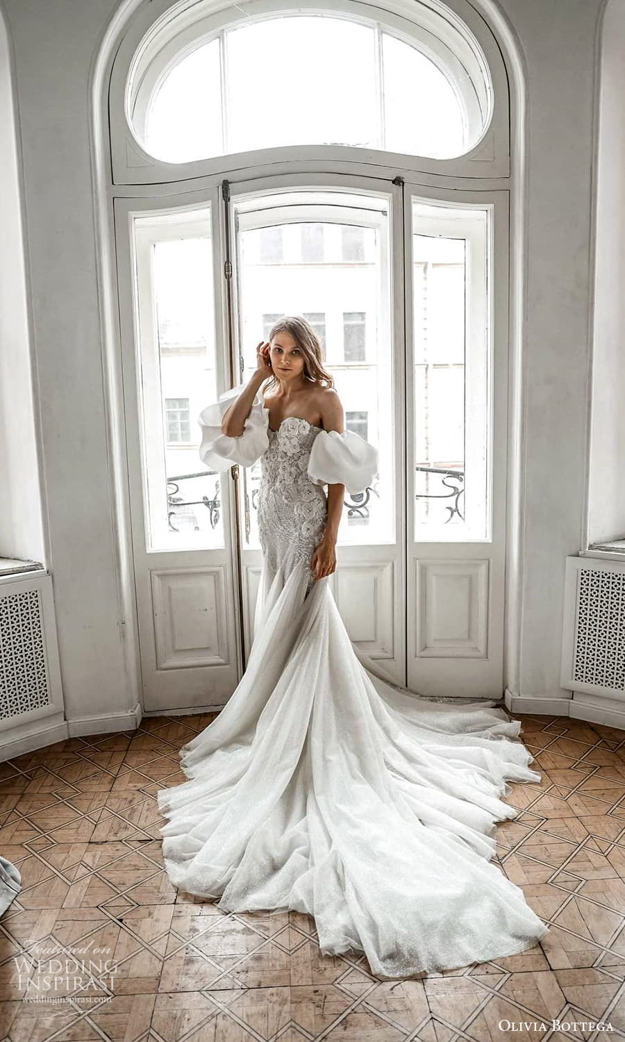 olivia bottega 2022 capsule bridal detached puff sleeves strapless sweetheart neckline embellished fit flare wedding dress chapel train (3) mv