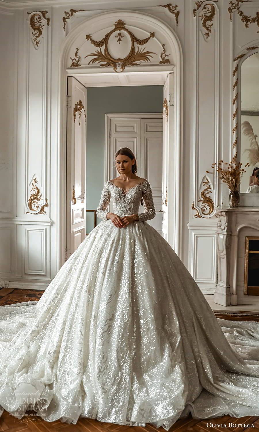 olivia bottega 2022 capsule bridal long sleeve off shoulder fully embellished a line ball gown wedding dress cathedral train (4) mv