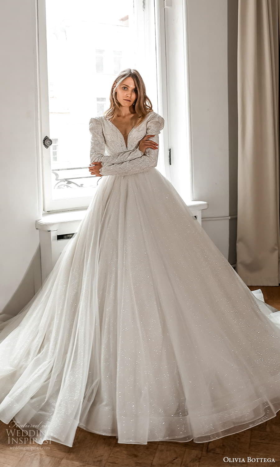 olivia bottega 2022 capsule bridal long sleeve v neckline embellished bodice clean skirt a line ball gown wedding dress chapel train (9) fv