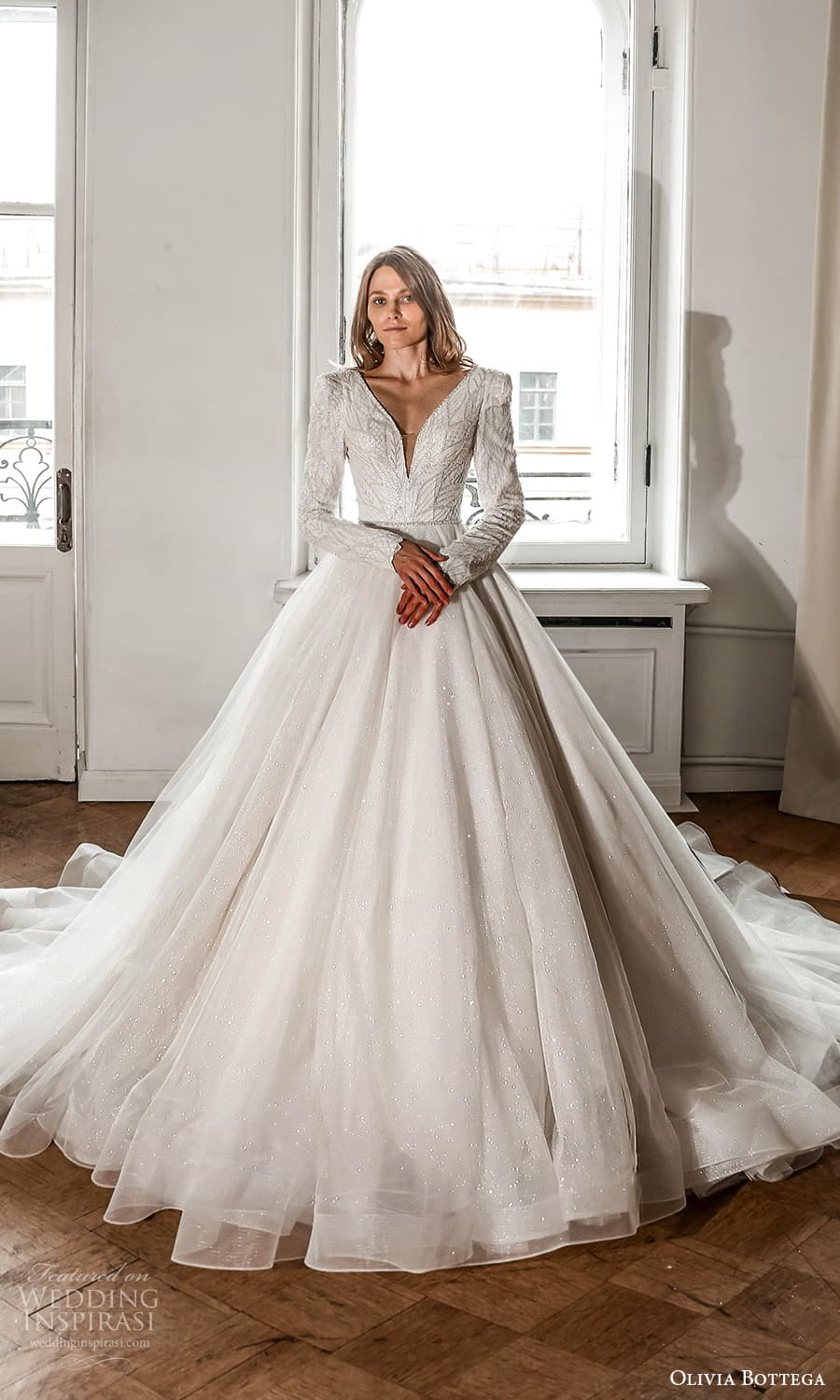 olivia bottega 2022 capsule bridal long sleeve v neckline embellished bodice clean skirt a line ball gown wedding dress chapel train (9) mv