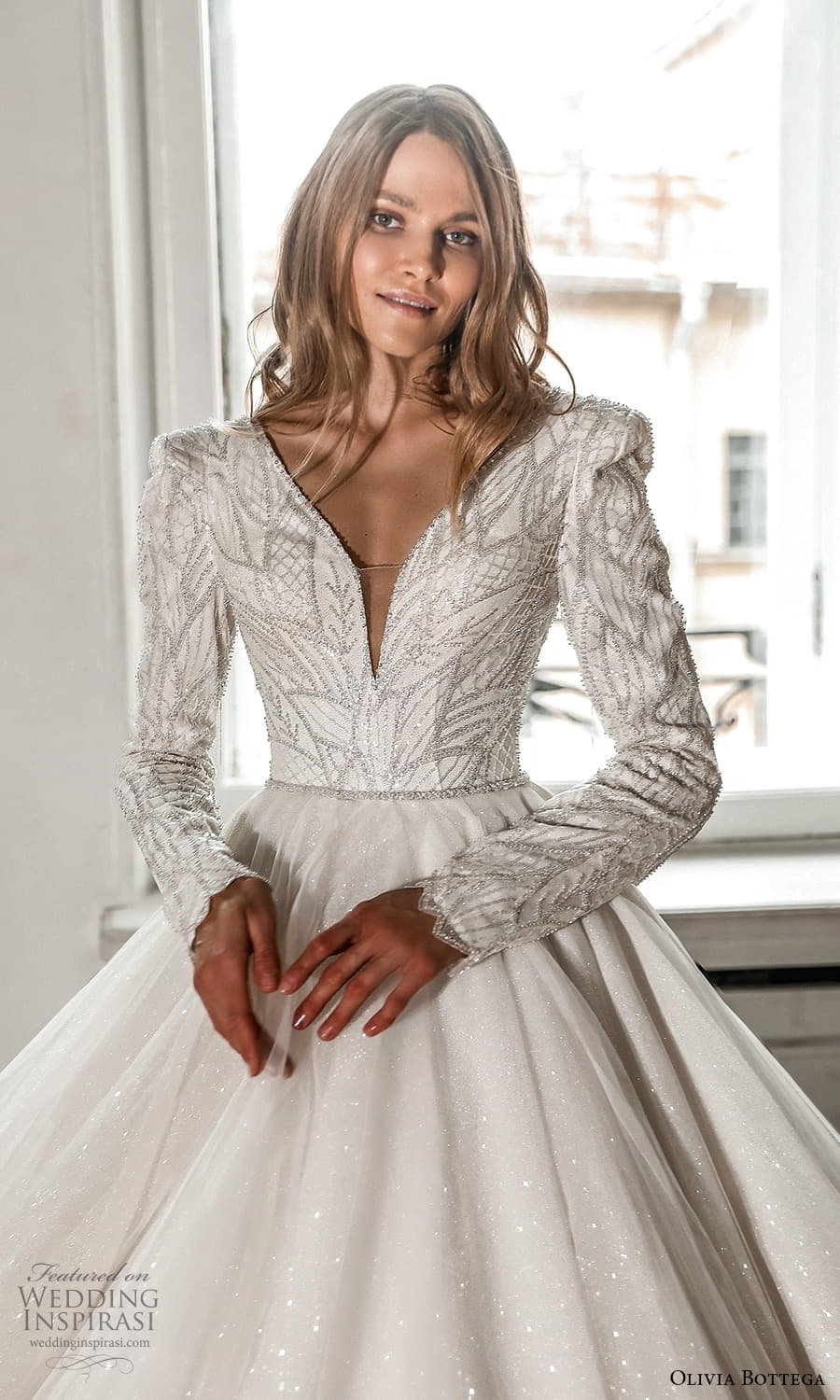 olivia bottega 2022 capsule bridal long sleeve v neckline embellished bodice clean skirt a line ball gown wedding dress chapel train (9) zv