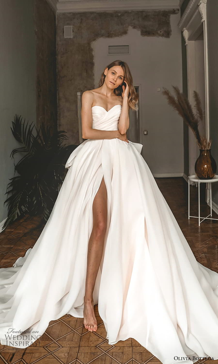 olivia bottega 2022 capsule bridal strapless sweetheart neckline ruched bodice a line ball gown wedding dress chapel train slit skirt (1) mv