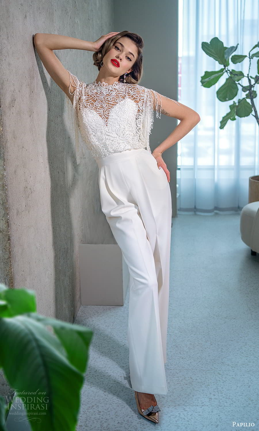 papilio 2022 bridal cap sleeve lace top pant trouser wedding dress (26) mv