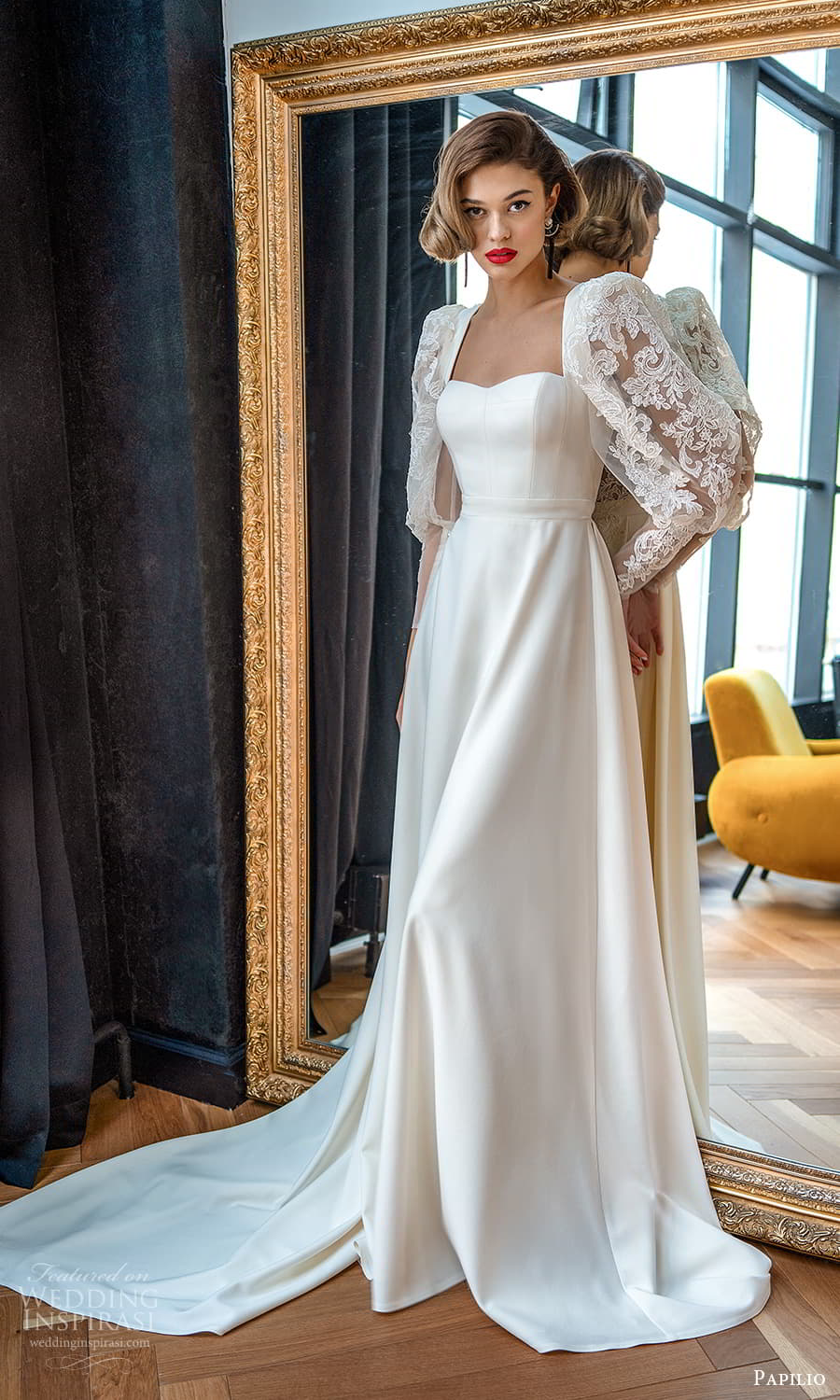 papilio 2022 bridal long sheer lace puff sleeve semi sweetheart neckline clean minimalist a line wedding dress chapel train (6) mv papilio 2022 bridal long sheer lace puff sleeve semi sweetheart neckline clean minimalist a line wedding dress chapel train (6) mv