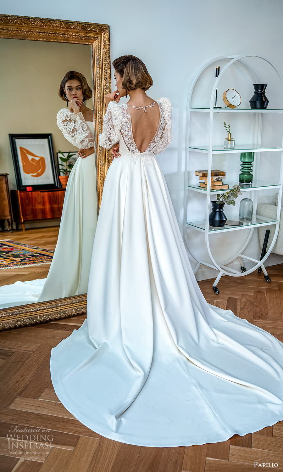 papilio 2022 bridal long sheer lace puff sleeve semi sweetheart neckline clean minimalist a line wedding dress chapel train v back (6) bv papilio 2022 bridal long sheer lace puff sleeve semi sweetheart neckline clean minimalist a line wedding dress chapel train v back (6) bv