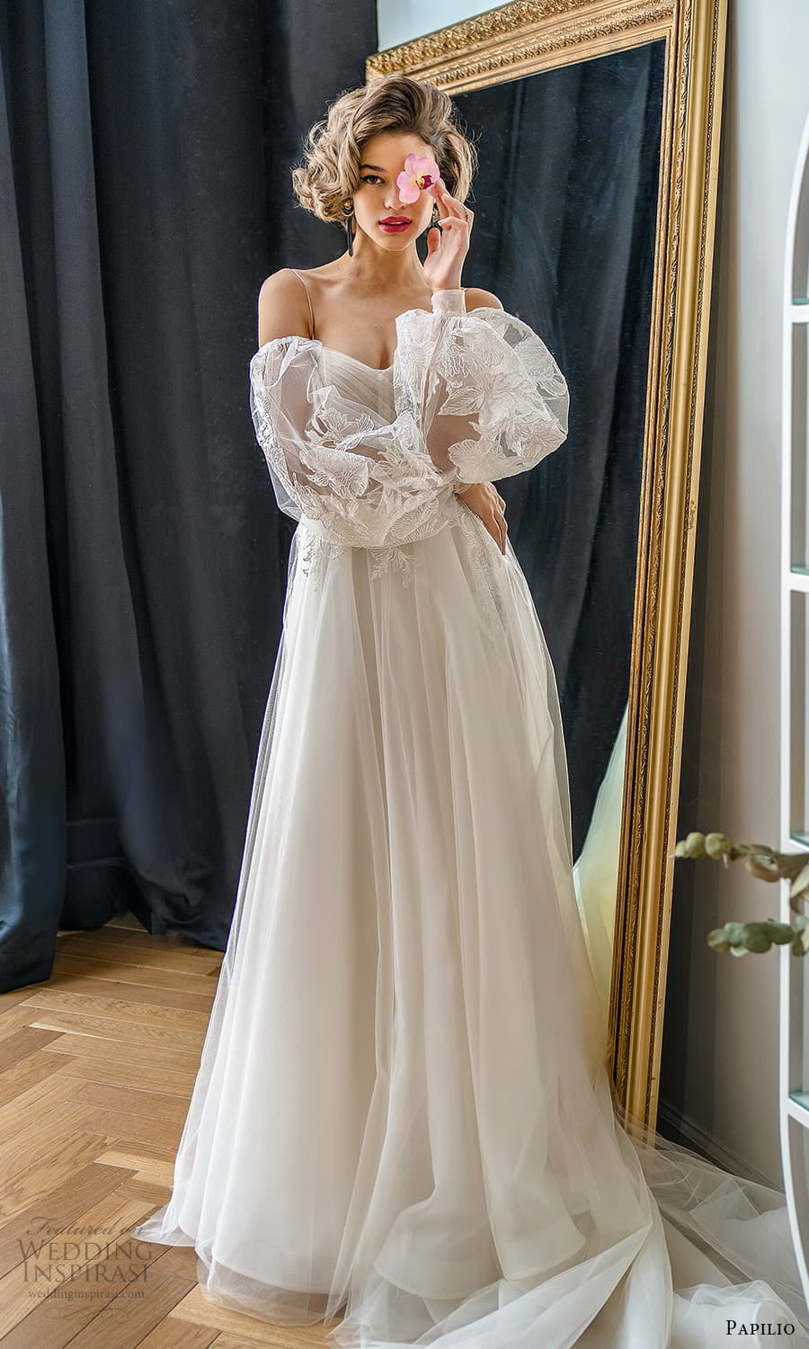 papilio 2022 bridal sheer billowy sleeve cold off shoulder sweetheart neckline embellished lace bodice a line ball gown wedding dress chapel train (2) mv