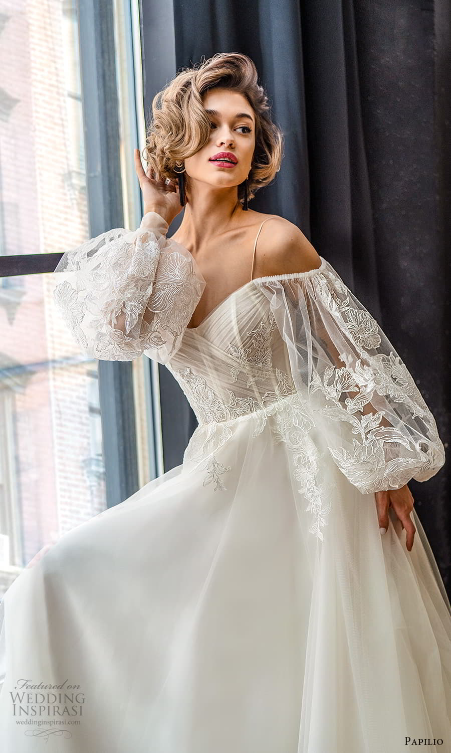 papilio 2022 bridal sheer billowy sleeve cold off shoulder sweetheart neckline embellished lace bodice a line ball gown wedding dress chapel train (2) zv