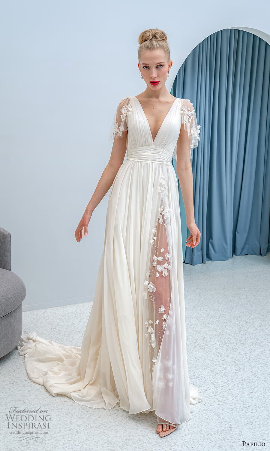 papilio 2022 bridal sheer short flutter sleeve v neckline ruched bodice a line wedding dress chapel train (27) mv papilio 2022 bridal sheer short flutter sleeve v neckline ruched bodice a line wedding dress chapel train (27) mv