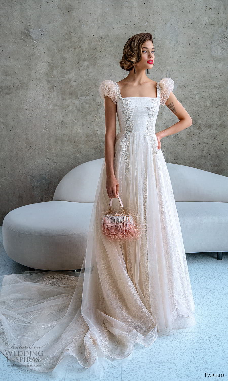 papilio 2022 bridal sheer short puff sleeve square neckline embelilshed a line ball gown wedding dress chapel train (7) mv