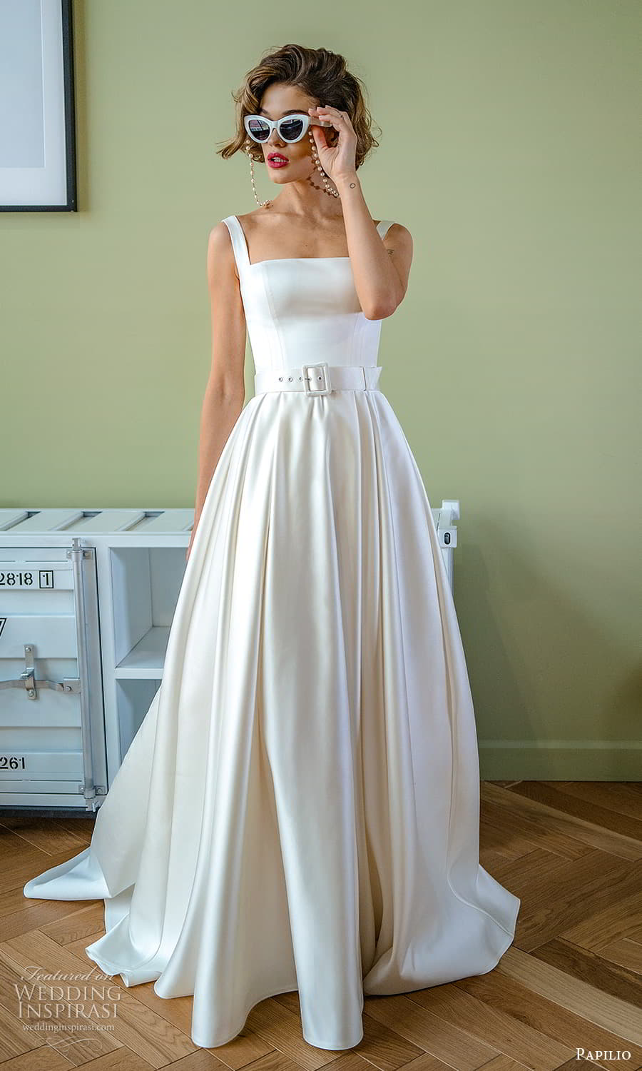 papilio 2022 bridal sleeveless straps square neckline clean minimalist a line ball gown wedding dress chapel train (4) mv