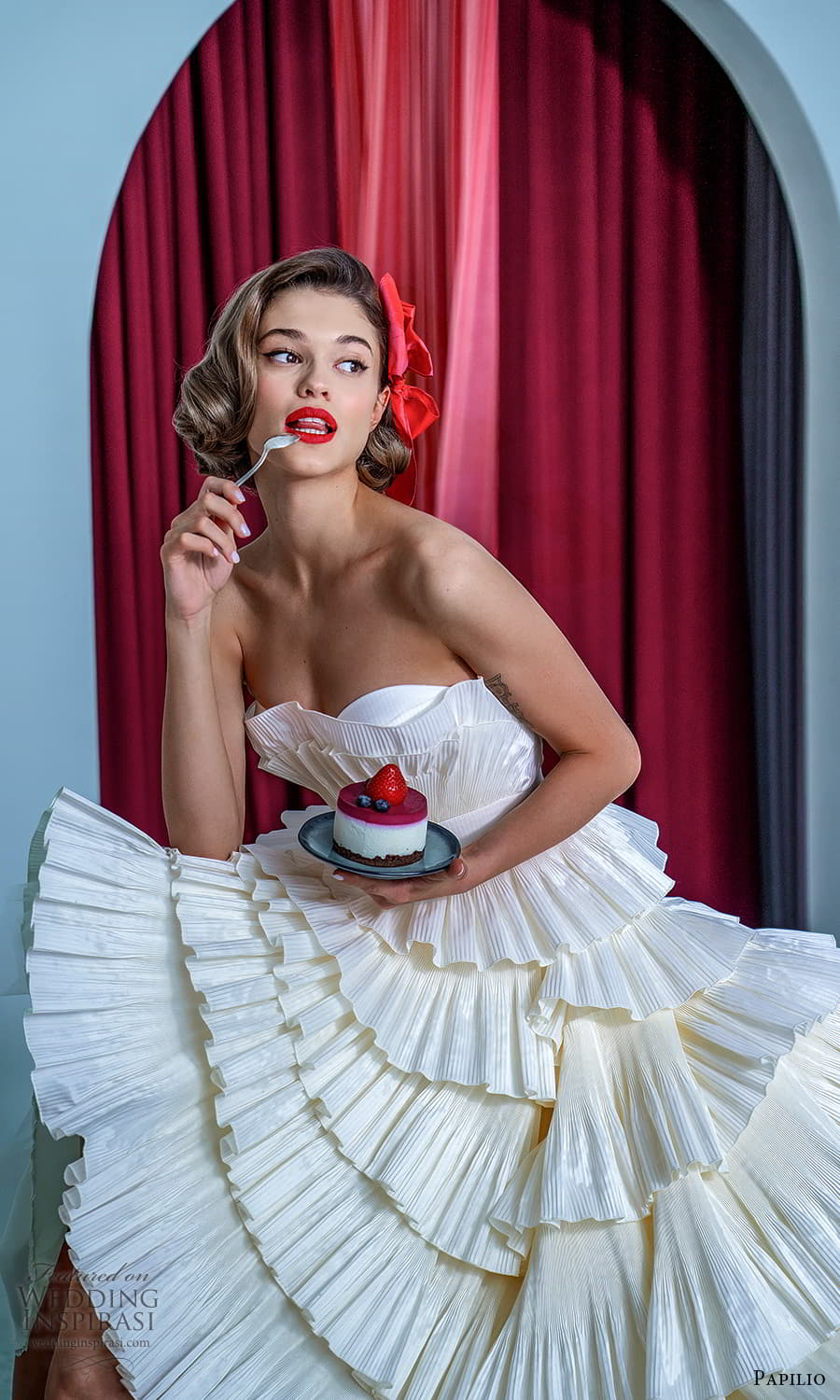papilio 2022 bridal strapless crumbcatcher neckline ruffle tiered skirt tea length a line wedding dress (21) mv papilio 2022 bridal strapless crumbcatcher neckline ruffle tiered skirt tea length a line wedding dress (21) mv