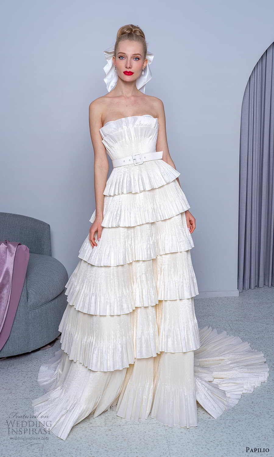 papilio 2022 bridal strapless crumbcatcher neckline tiered skirt a line wedding dress chapel train (14) mv