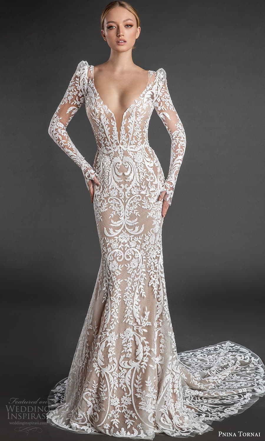 pnina tornai 2022 love bridal long sleeve off shoulder sweetheart neckline fully embellished lace sheath wedding dress chapel train (2) fv