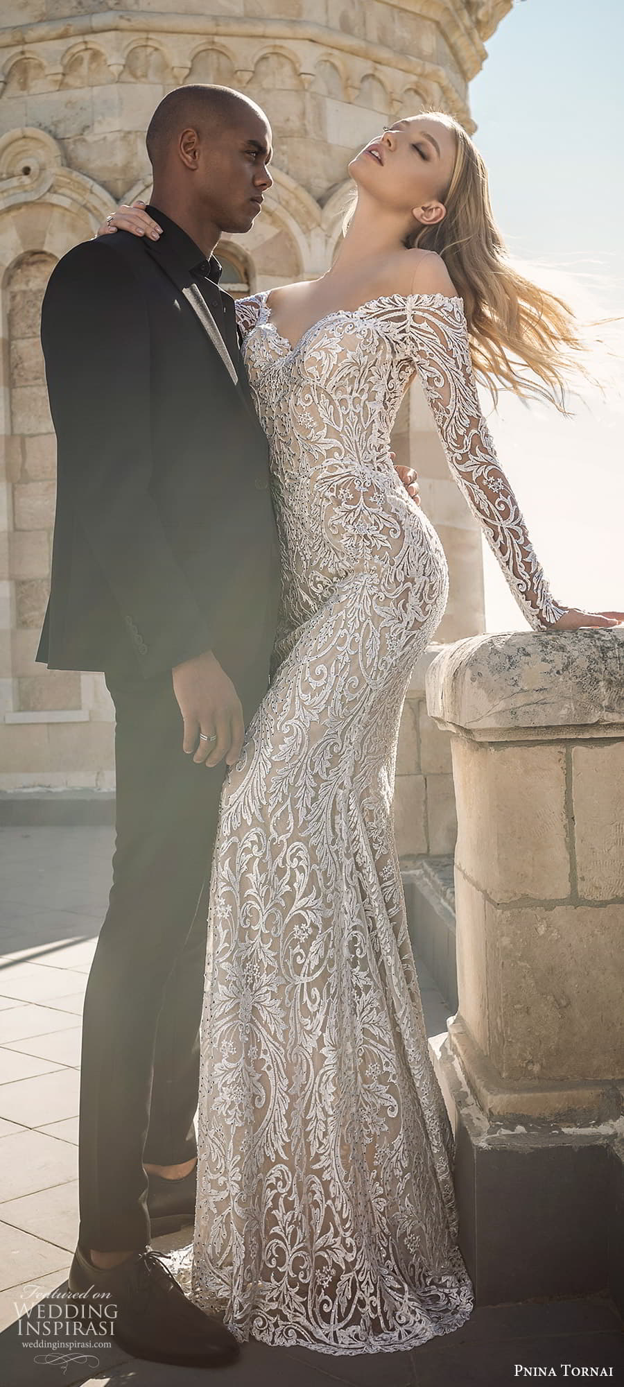 pnina tornai 2022 love bridal long sleeve off shoulder sweetheart neckline fully embellished lace sheath wedding dress chapel train (2) mv