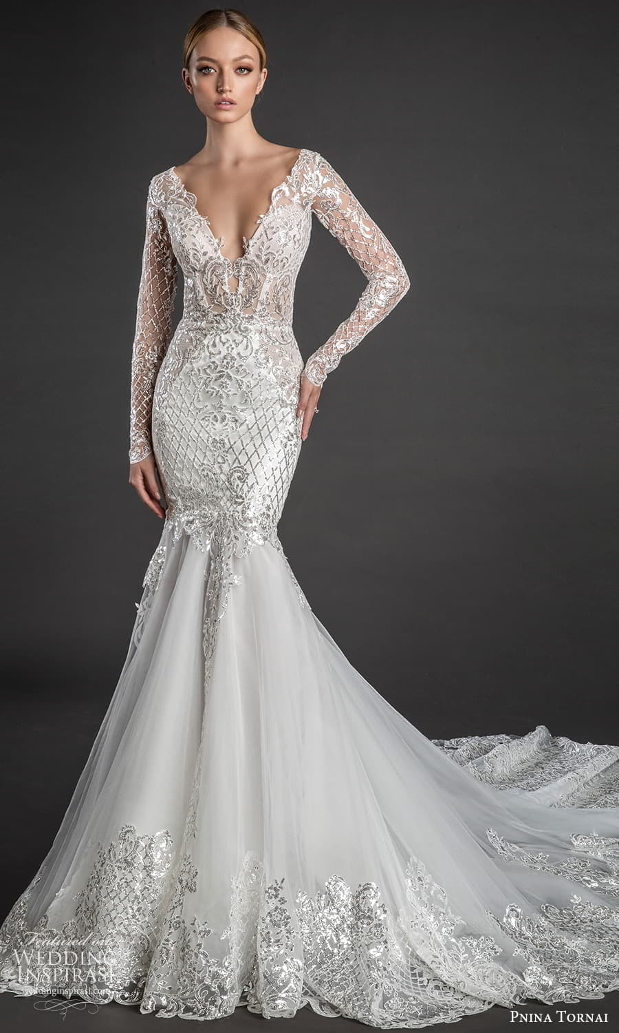 pnina tornai 2022 love bridal long sleeve v neckline fully embellished fit flare mermaid wedding dress chapel train (21) mv