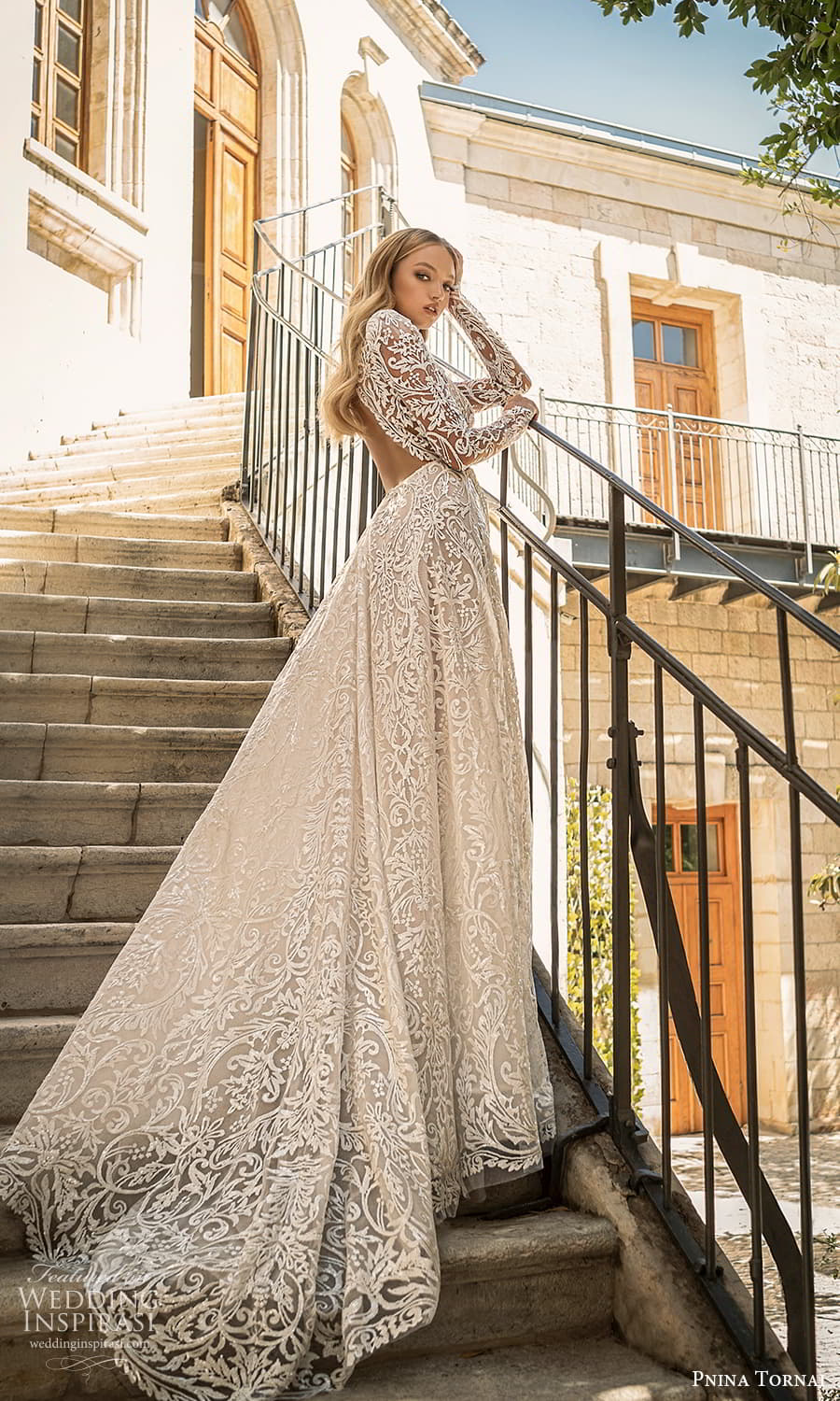 pnina tornai 2022 love bridal sheer long puff sleeve bateau neckline fully embellished lace a line ball gown wedding dress chapel train keyhole back (7) bv