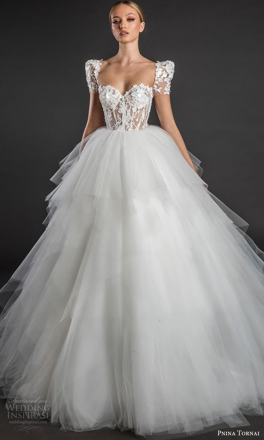 pnina tornai 2022 love bridal short puff sleeve sweetheart neckline embellished lace corset bodice a line ball gown wedding dress chapel train (8) fv
