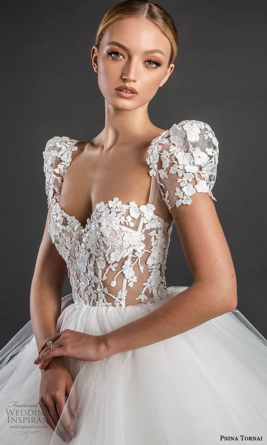 pnina tornai 2022 love bridal short puff sleeve sweetheart neckline embellished lace corset bodice a line ball gown wedding dress chapel train (8) zv 