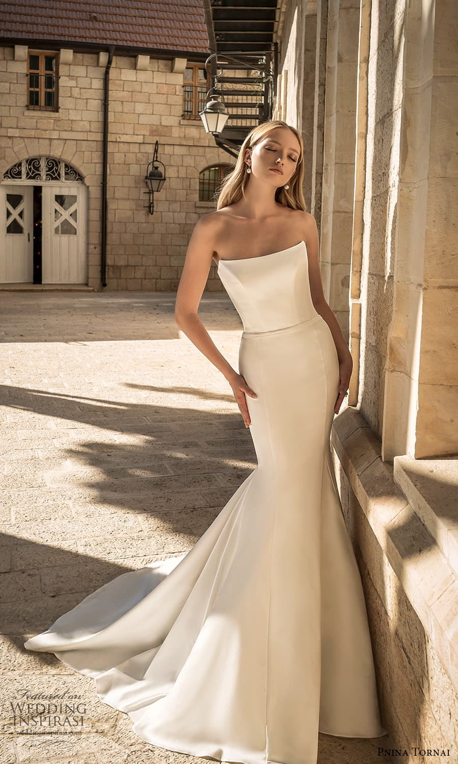 pnina tornai 2022 love bridal strapless straight across neckline clean minimalist fit flare mermaid wedding dress chapel train (11) mv