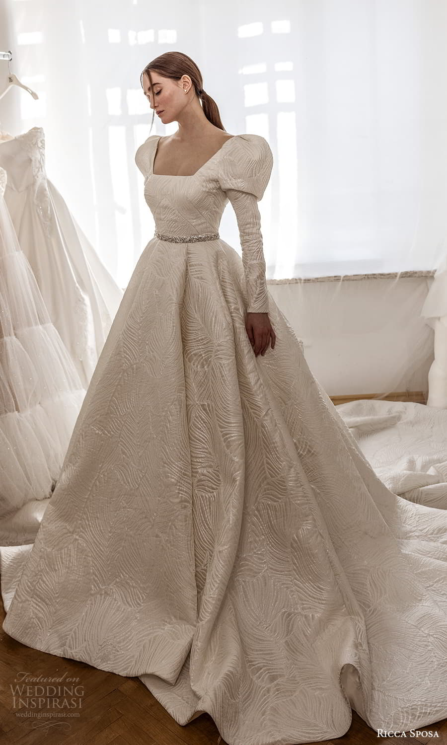 ricca sposa 2022 bridal long puff sleeve square neckline embellished waist textured a line ball gown wedding dress chapel train (20) mv