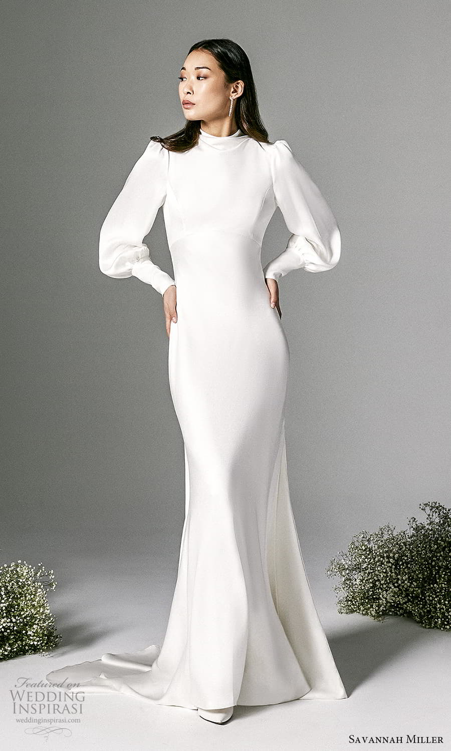 savannah miller spring 2022 bridal long bishop sleeve high neckline clean minimalist sheath wedding dress chapel train keyhole back (7) mv