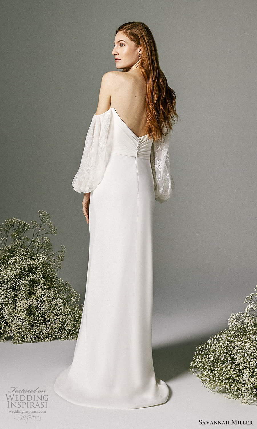 savannah miller spring 2022 bridal off shoulder balloon sleeve sweetheart neckline clean minimalist sheath wedding dress chapel train (2) bv