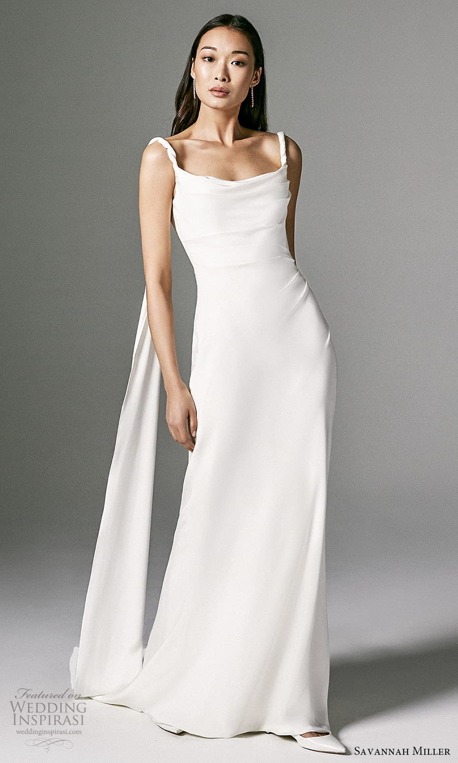 savannah miller spring 2022 bridal sleeveless straps cowl neckline clean minimalist sheath wedding dress chapel train (1) mv