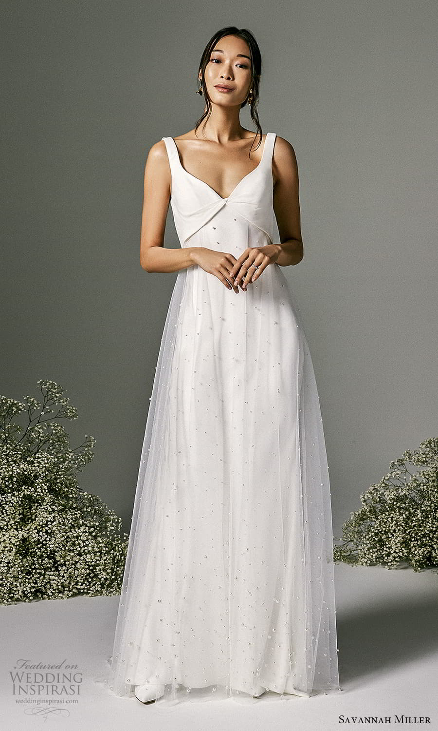 savannah miller spring 2022 bridal sleeveless straps curved v neckline embellished empire overskirt sheath wedding dress sweep train (6) mv